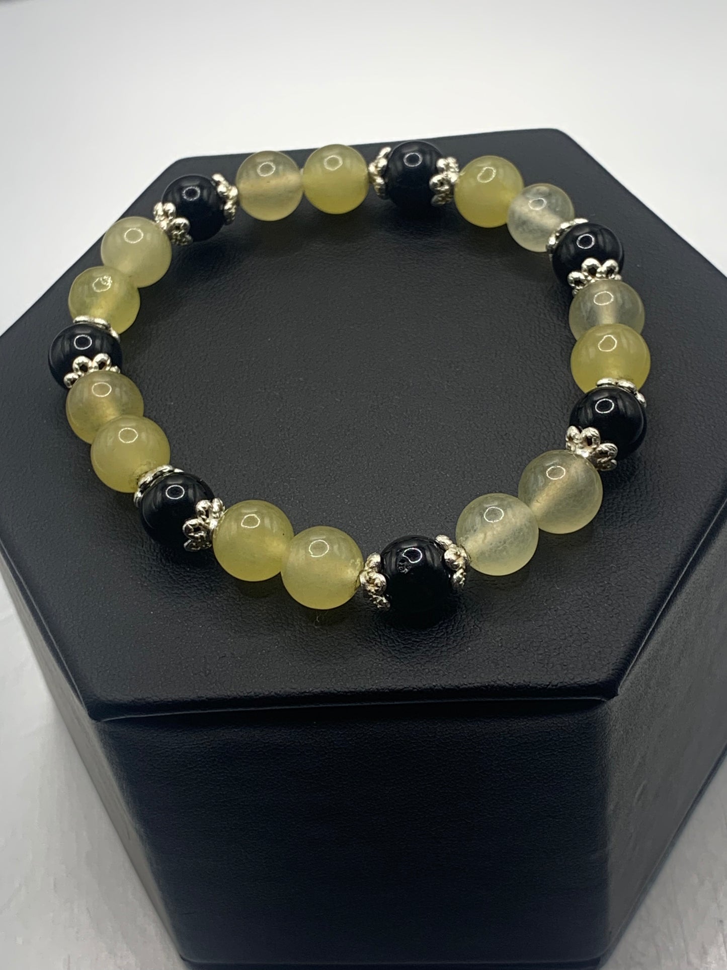 Black obsidian with yellow agate semi precious stone/crystal beaded elastic bracelet with silver plated flower bead caps
