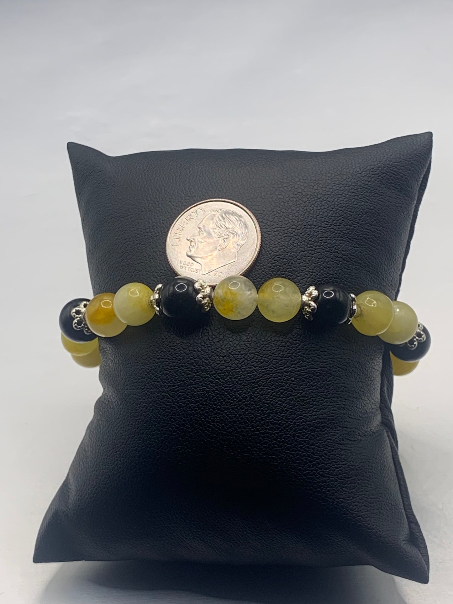 Black obsidian with yellow white chalcedony semi precious stone/crystal beaded elastic bracelet with silver plated flower bead caps