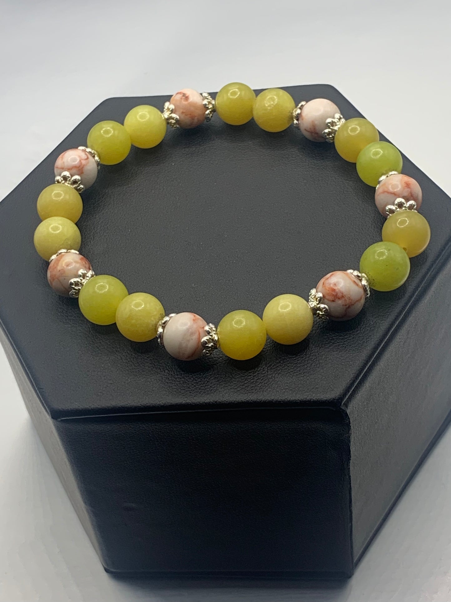 Red vein jasper and yellow jade semi precious stone/crystal elastic beaded bracelet with silver plated flower bead caps