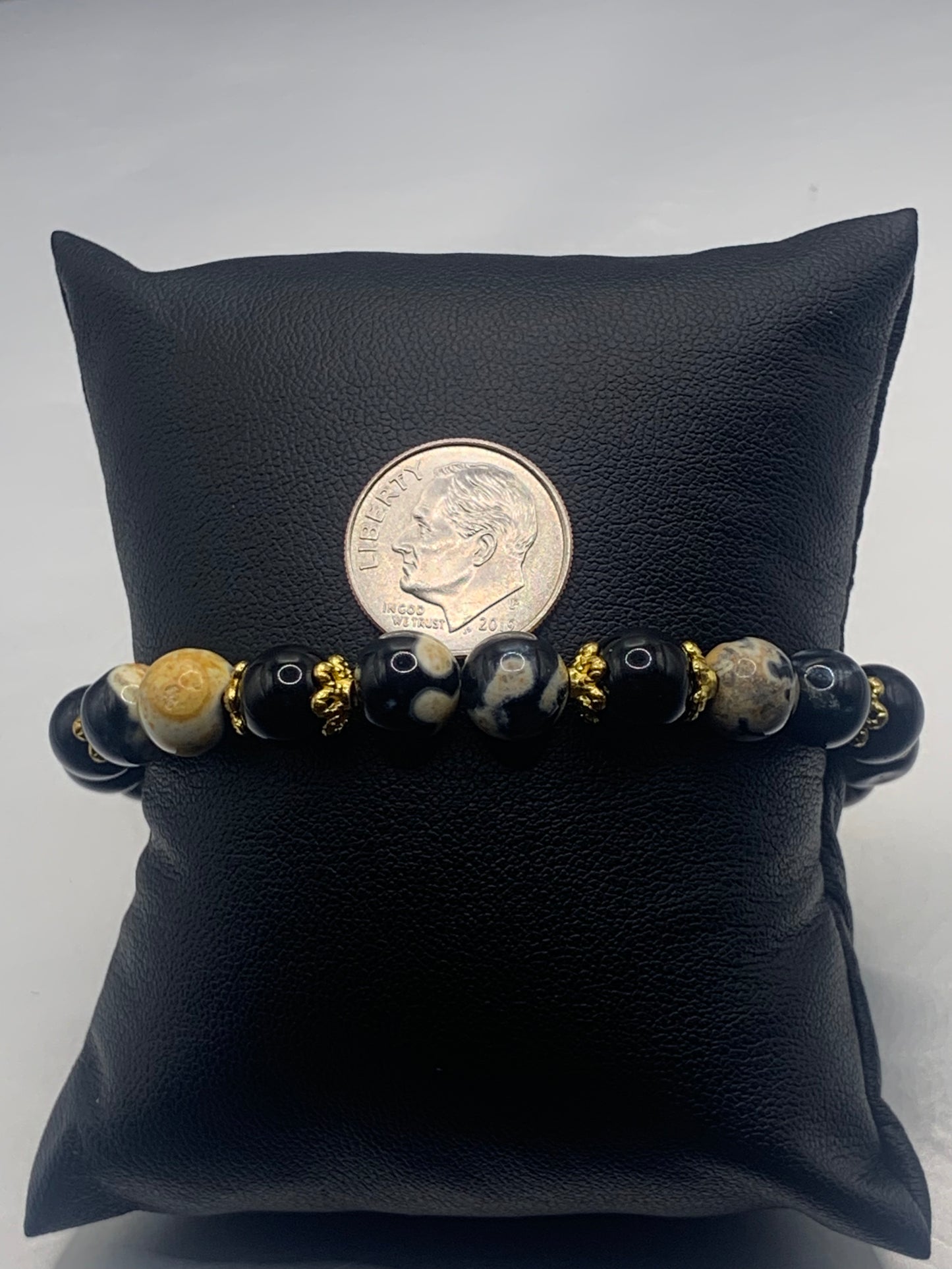 Black obsidian with yellow orca agate semi precious stone/crystal beaded elastic bracelet with gold plated flower bead caps