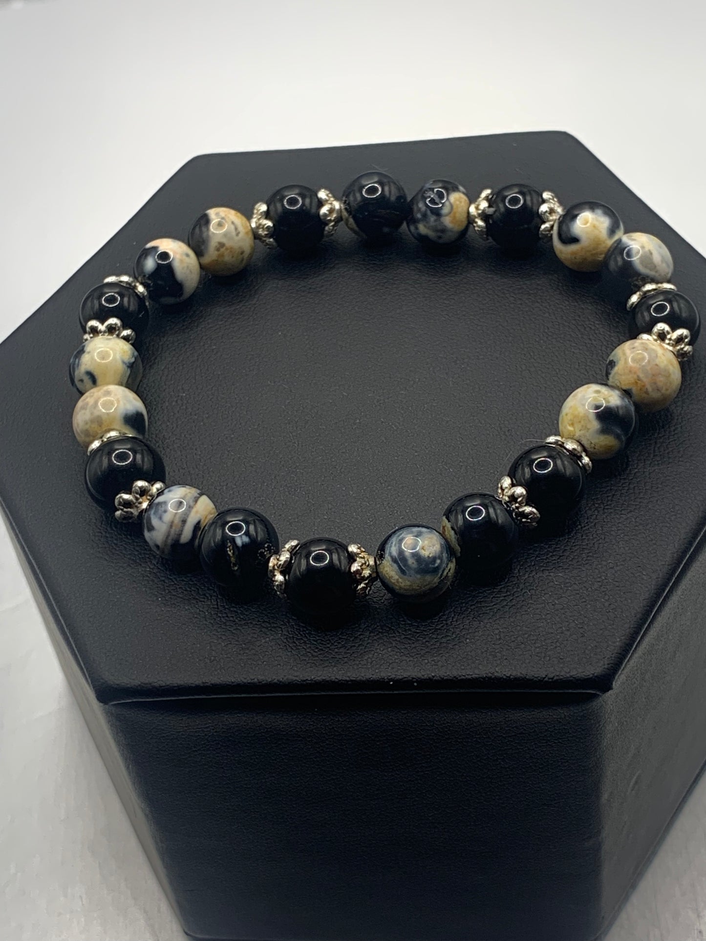 Black obsidian with yellow orca agate semi precious stone/crystal beaded elastic bracelet with silver plated flower bead caps