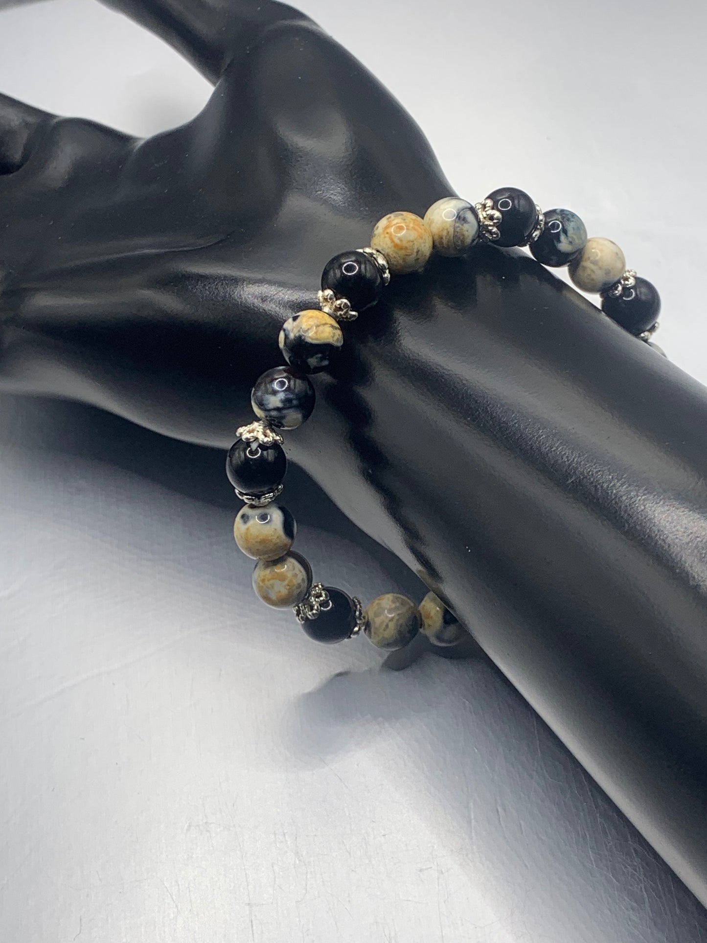 Black obsidian with yellow orca agate semi precious stone/crystal beaded elastic bracelet with silver plated flower bead caps