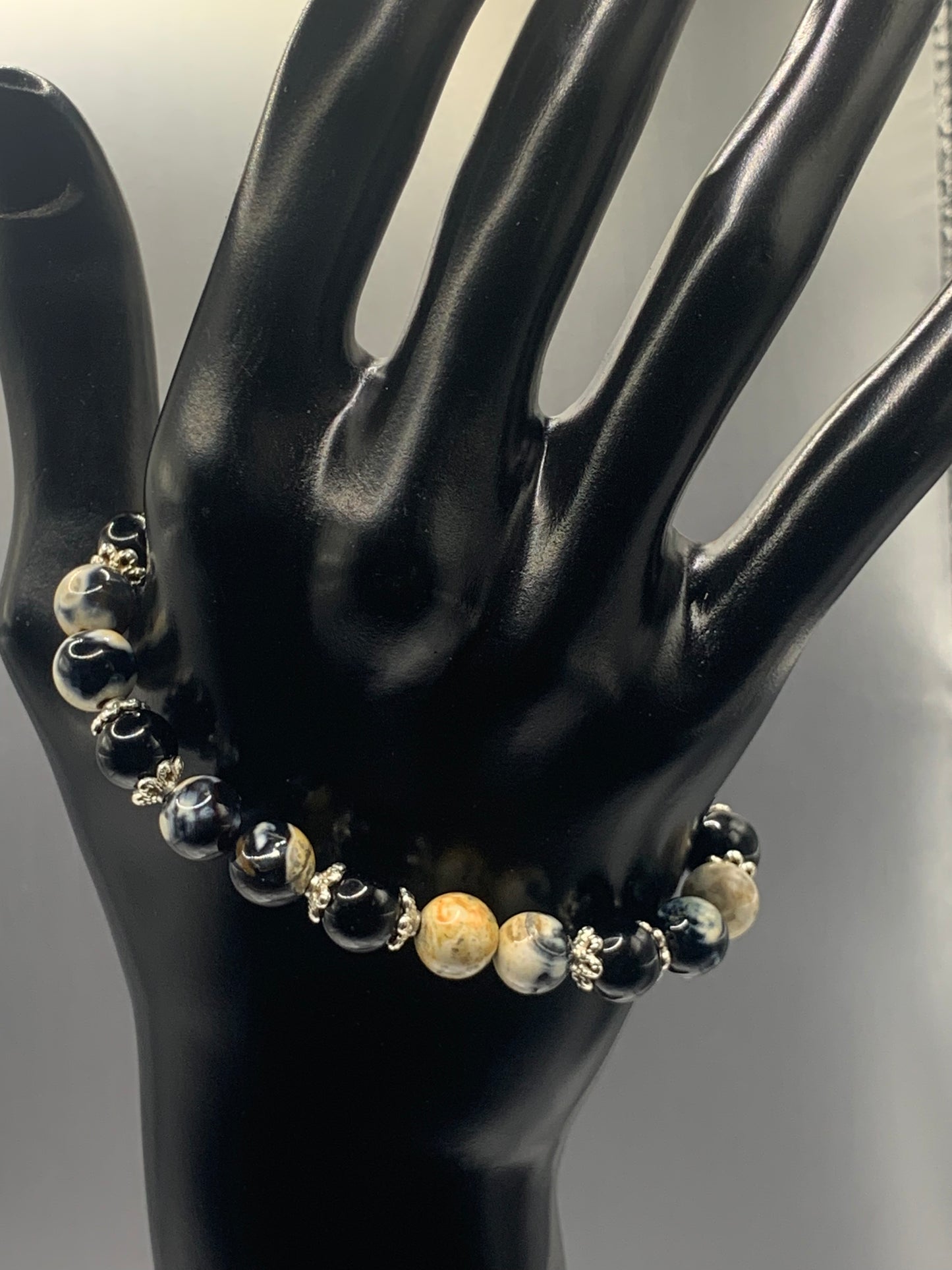 Black obsidian with yellow orca agate semi precious stone/crystal beaded elastic bracelet with silver plated flower bead caps