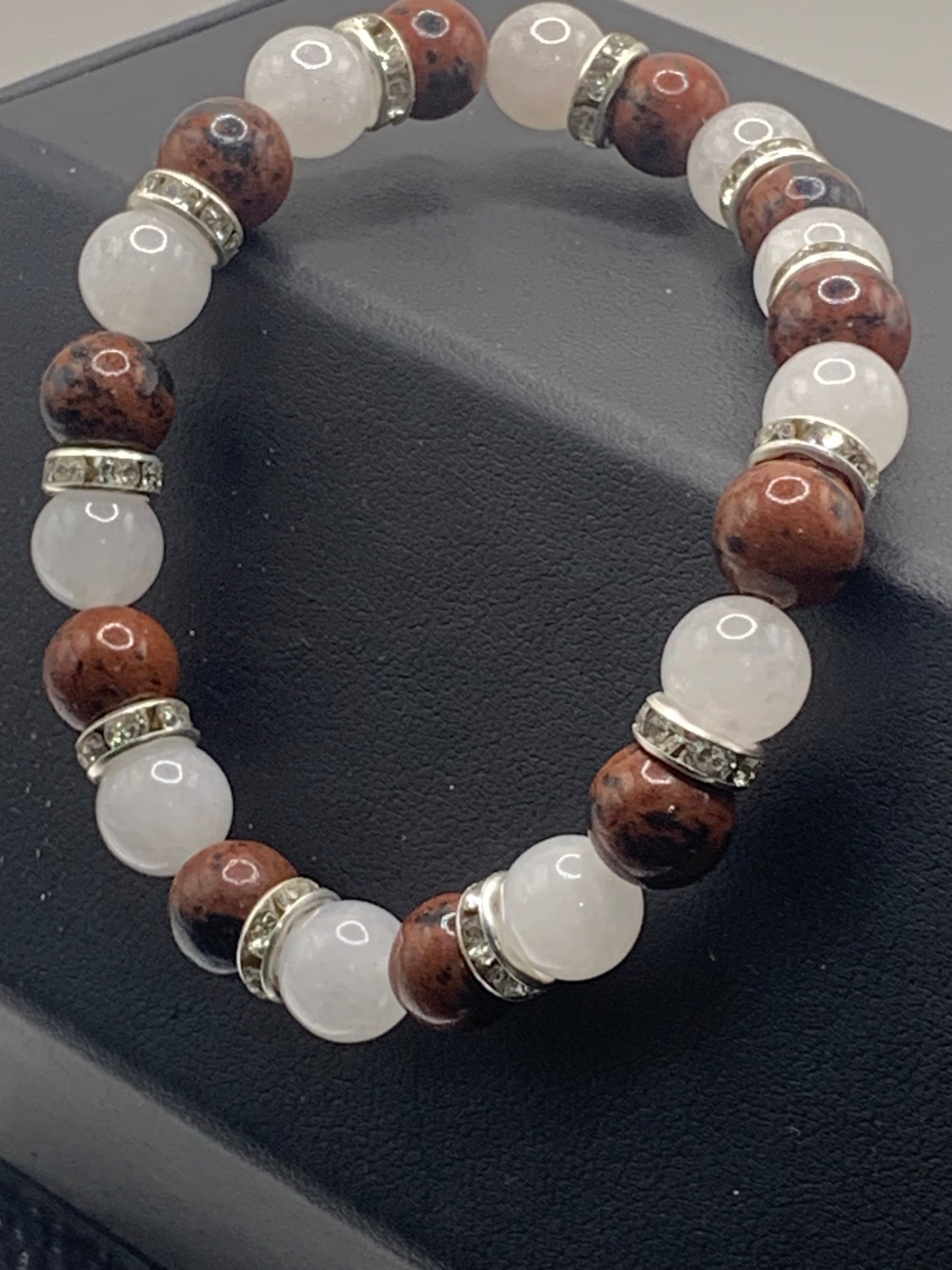 Mahogany jasper and white chalcedony semi precious stone/crystal elastic beaded bracelet with clear rondelle's