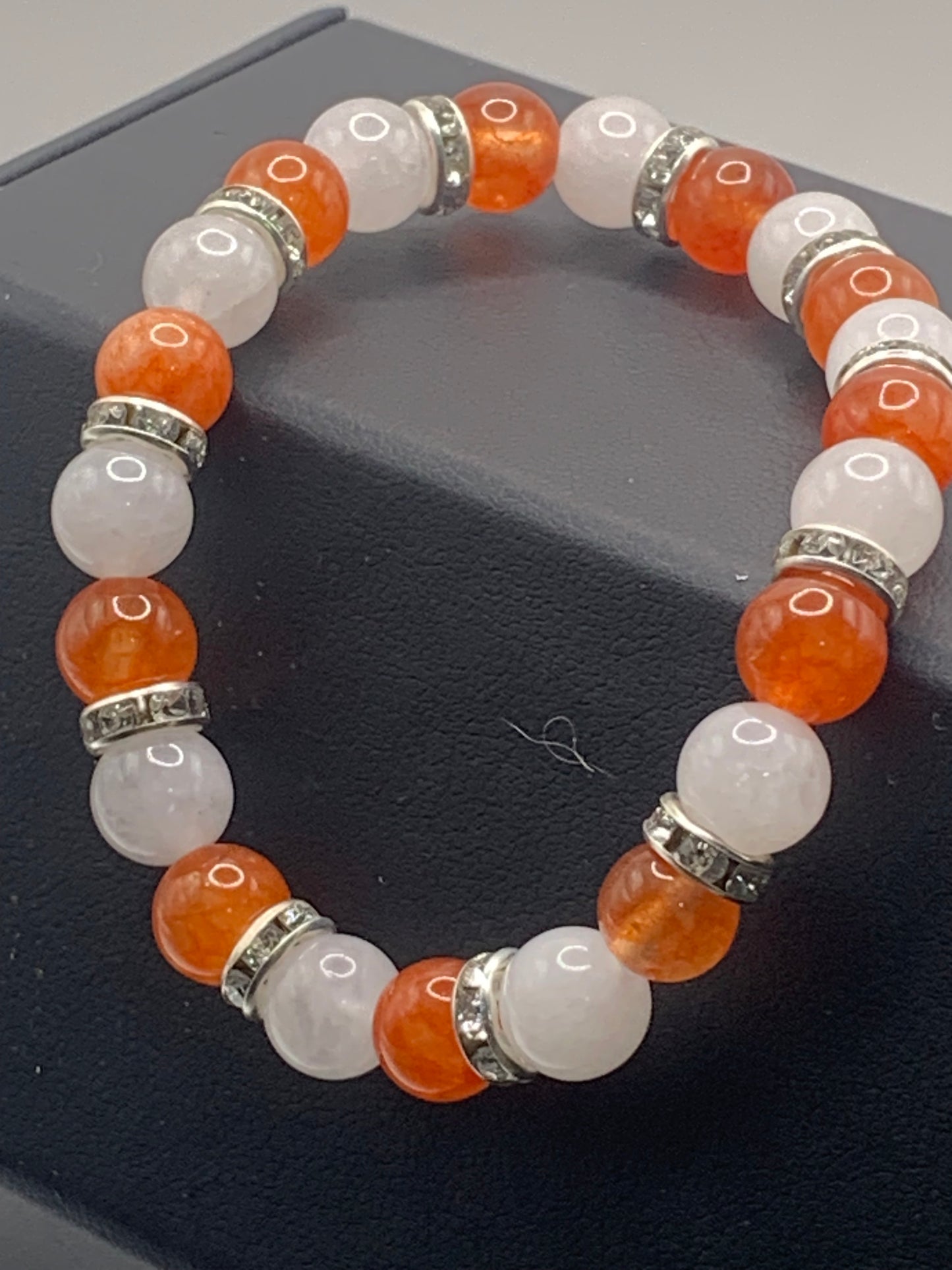 Phoenix agate and white chalcedony semi precious stone/crystal elastic beaded bracelet with clear rondelle's