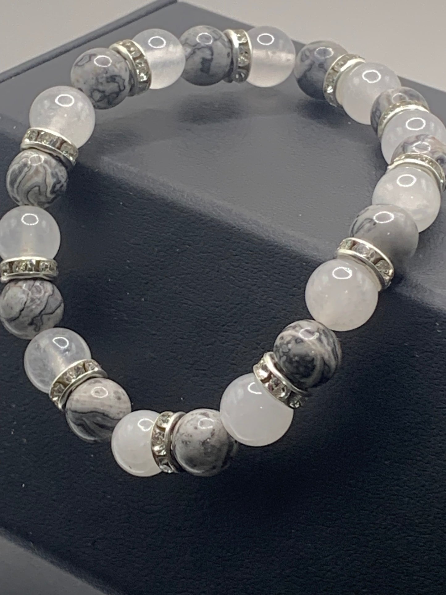 Picasso jasper and white chalcedony semi precious stone/crystal elastic beaded bracelet with clear rondelle's
