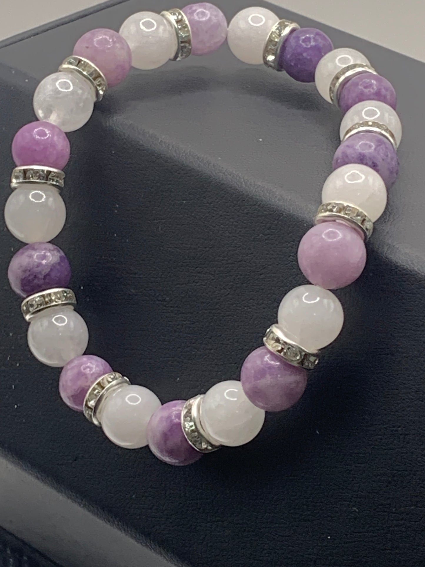 Purple mica and white chalcedony semi precious stone/crystal elastic beaded bracelet with clear rondelle's