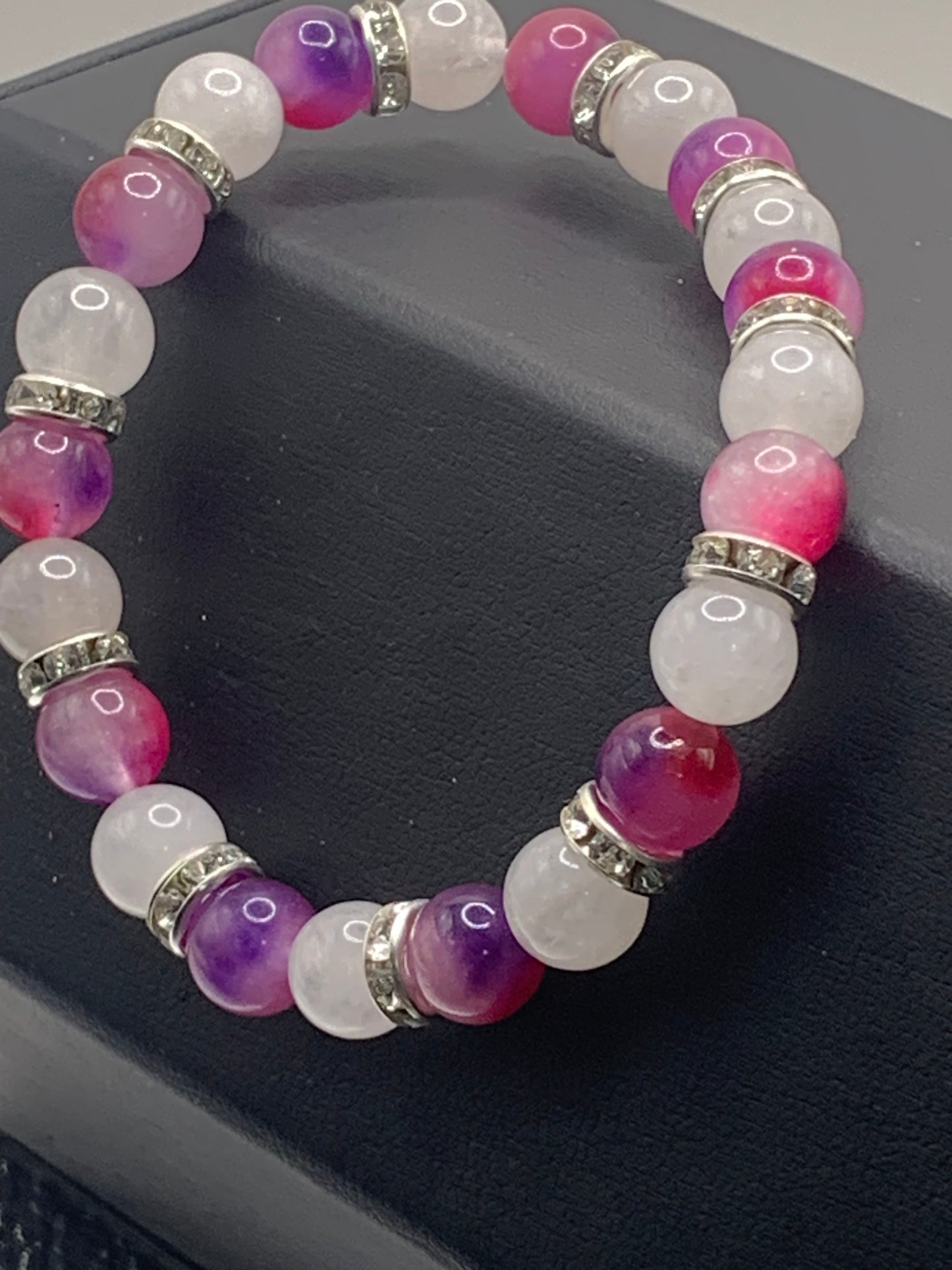 Purple pink chalcedony and white chalcedony semi precious stone/crystal elastic beaded bracelet with clear rondelle's