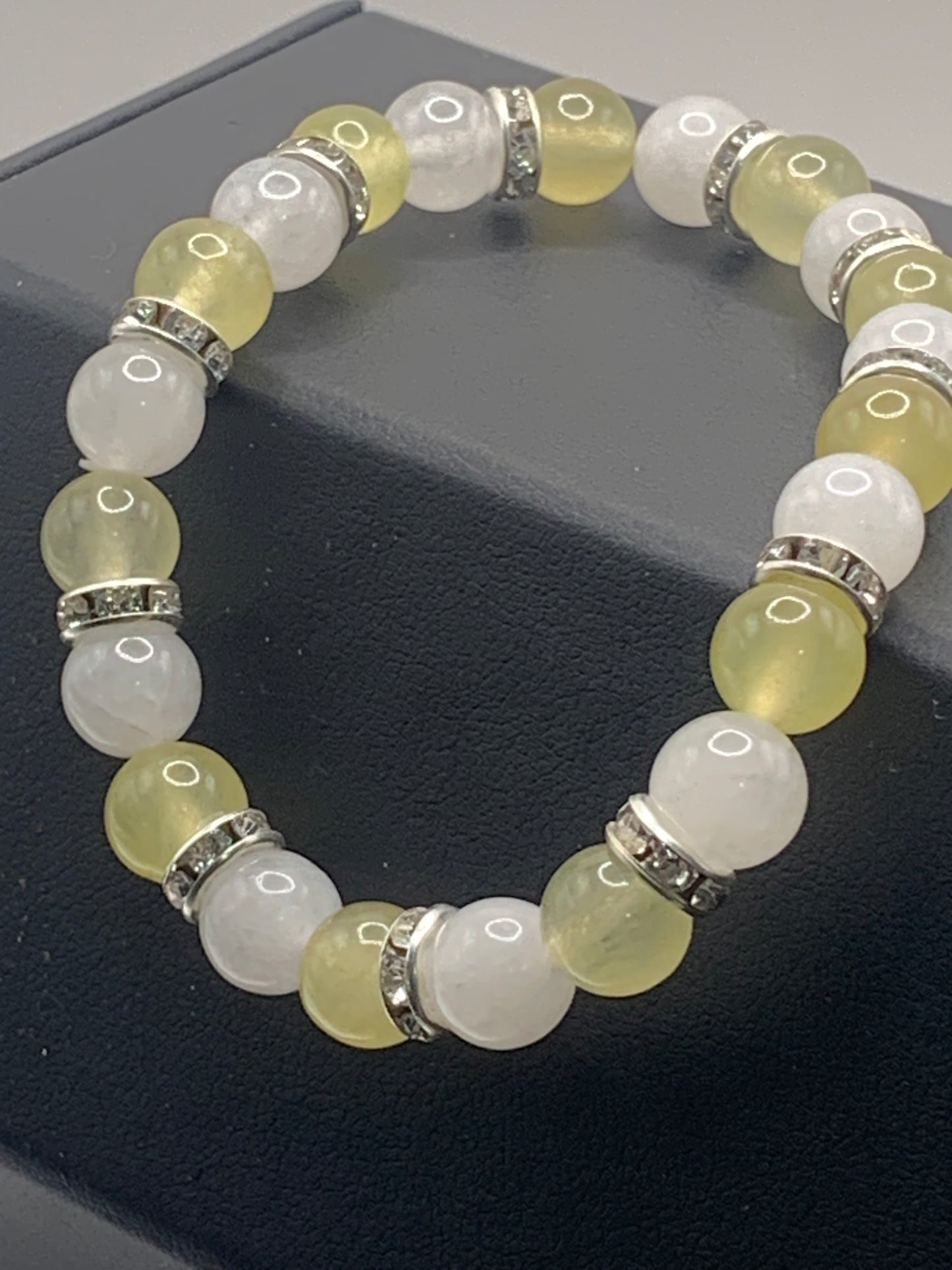 Yellow agate and white chalcedony semi precious stone/crystal elastic beaded bracelet with clear rondelle's