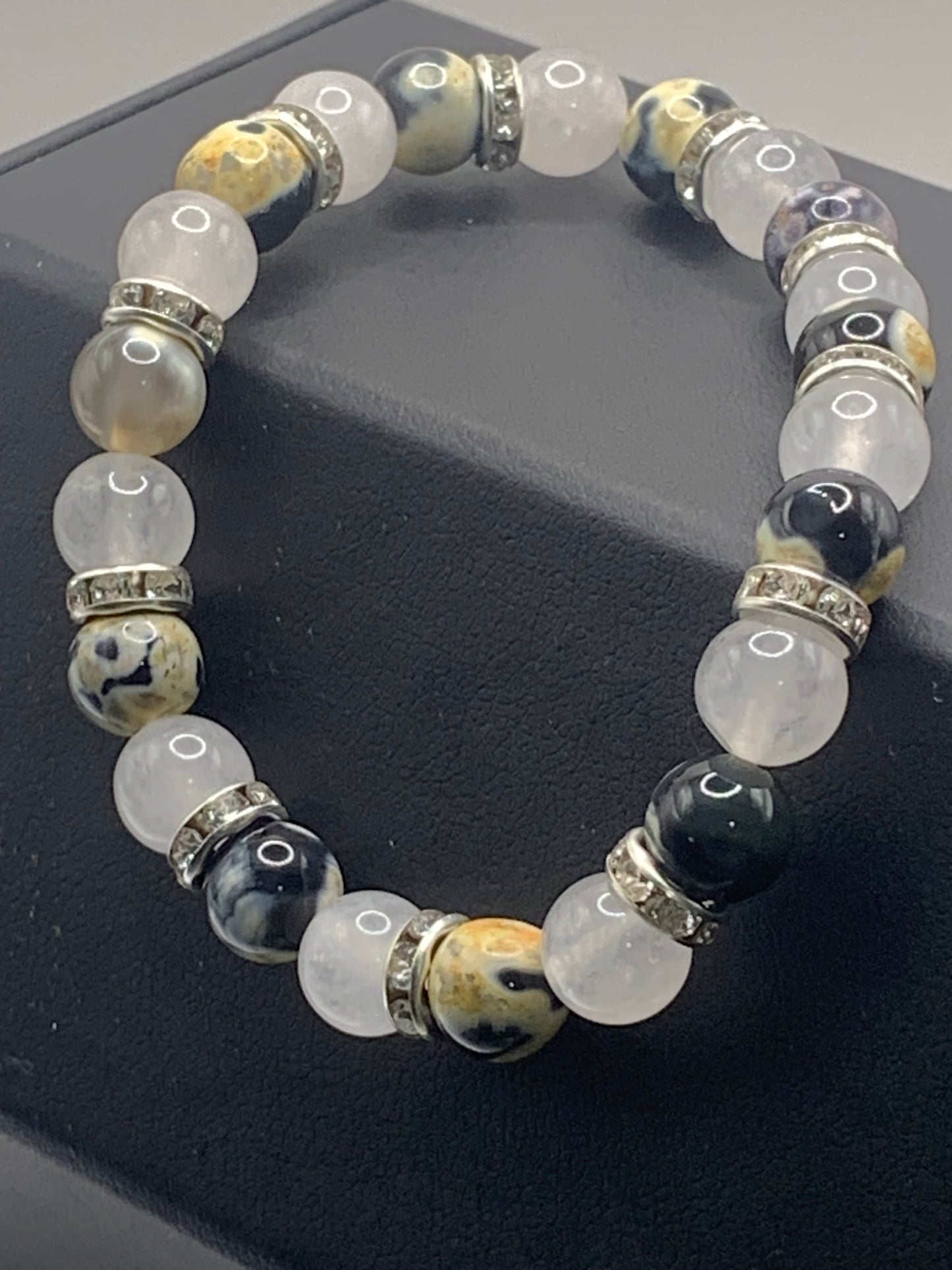Yellow orca agate and white chalcedony semi precious stone/crystal elastic beaded bracelet with clear rondelle's
