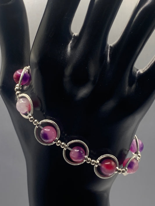 Purple pink chalcedony semi precious stone/crystal elastic beaded bracelet with silver colored rings