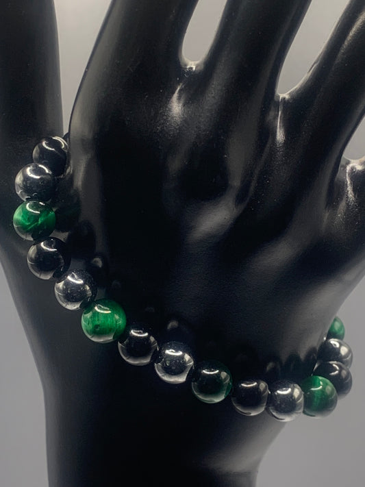 Hematite, black obsidian, and green tigers eye semi precious stone/crystal elastic beaded bracelet