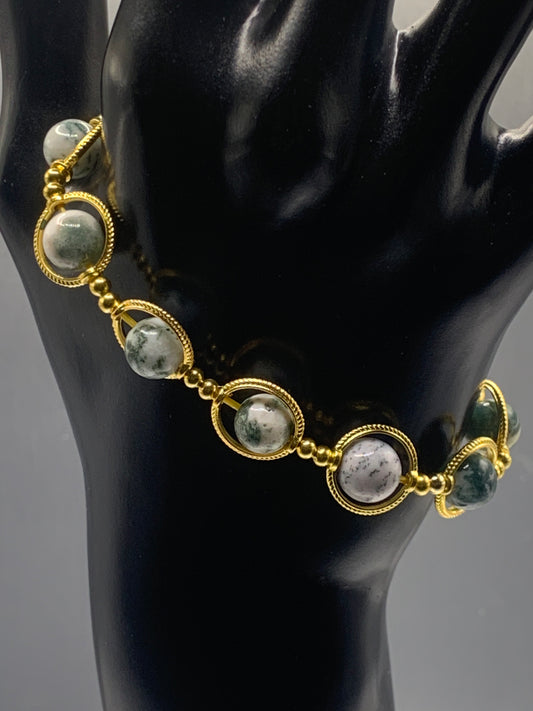 Tree moss agate semi precious stone/crystal elastic beaded bracelet with gold colored rings
