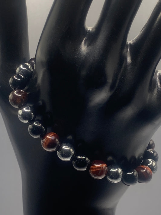 Hematite, black obsidian, and red tigers eye semi precious stone/crystal elastic beaded bracelet