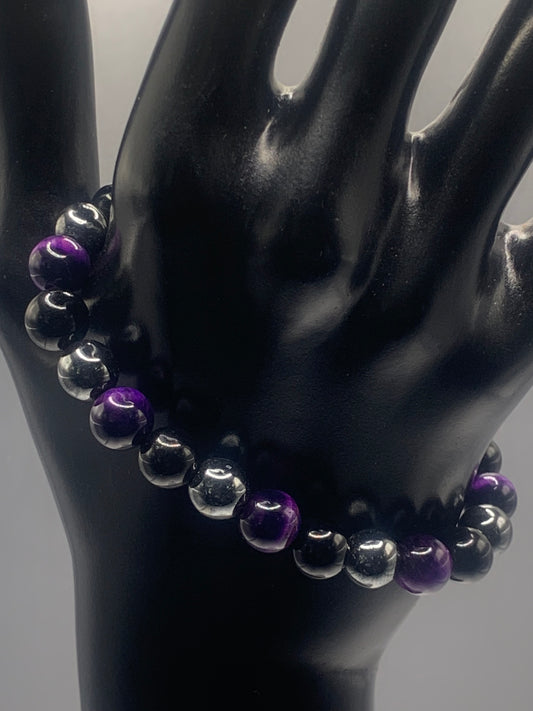 Hematite, black obsidian, and purple tigers eye semi precious stone/crystal elastic beaded bracelet
