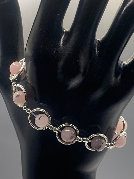 Pink opal chalcedony semi precious stone/crystal elastic beaded bracelet with silver colored rings