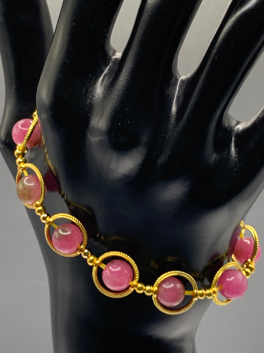 Datura chalcedony semi precious stone/crystal elastic beaded bracelet with gold colored rings