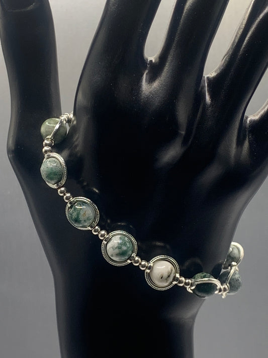 Tree moss agate semi precious stone/crystal elastic beaded bracelet with silver colored rings