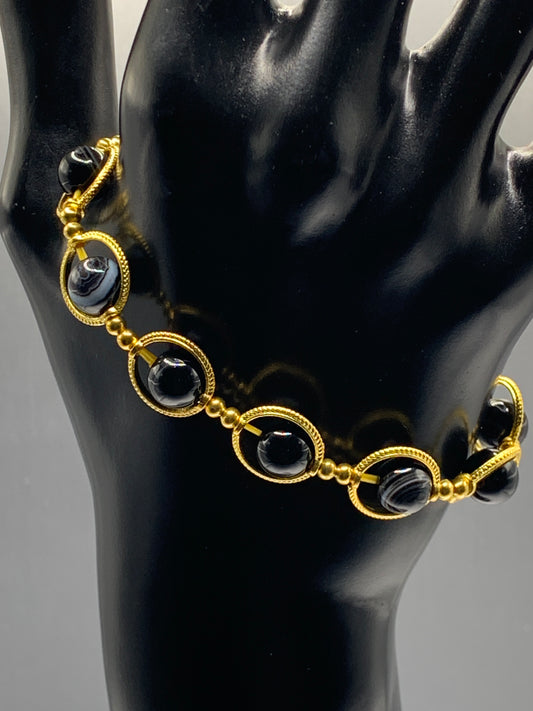 Black lace agate semi precious stone/crystal elastic beaded bracelet with gold colored rings