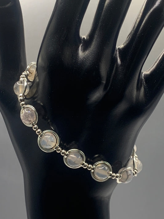 Dragon vein agate semi precious stone/crystal elastic beaded bracelet with silver colored rings