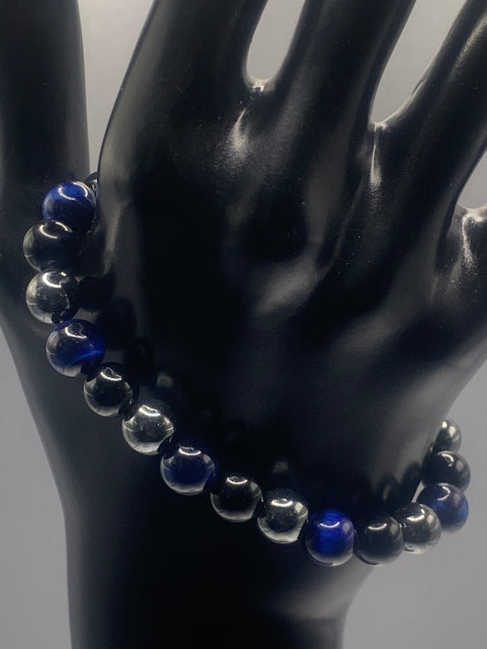 Hematite, black obsidian, and blue tigers eye semi precious stone/crystal elastic beaded bracelet