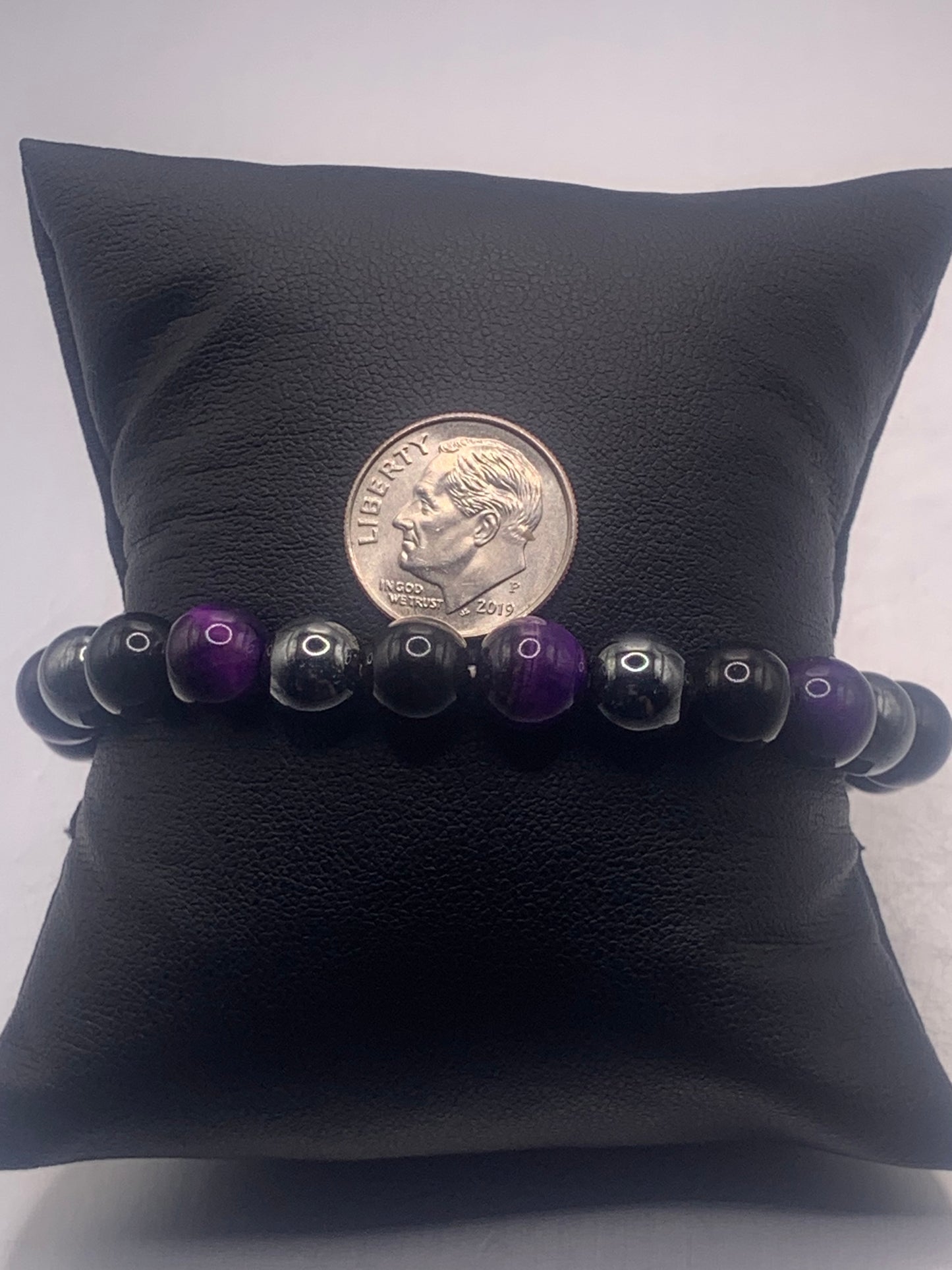 Hematite, black obsidian, and purple tigers eye semi precious stone/crystal elastic beaded bracelet