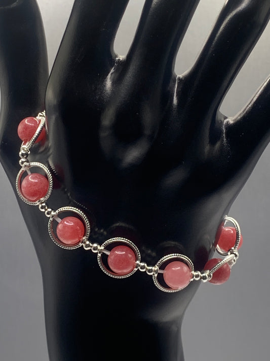 Pink chalcedony semi precious stone/crystal elastic beaded bracelet with silver colored rings