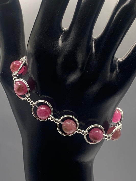 Datura chalcedony semi precious stone/crystal elastic beaded bracelet with silver colored rings
