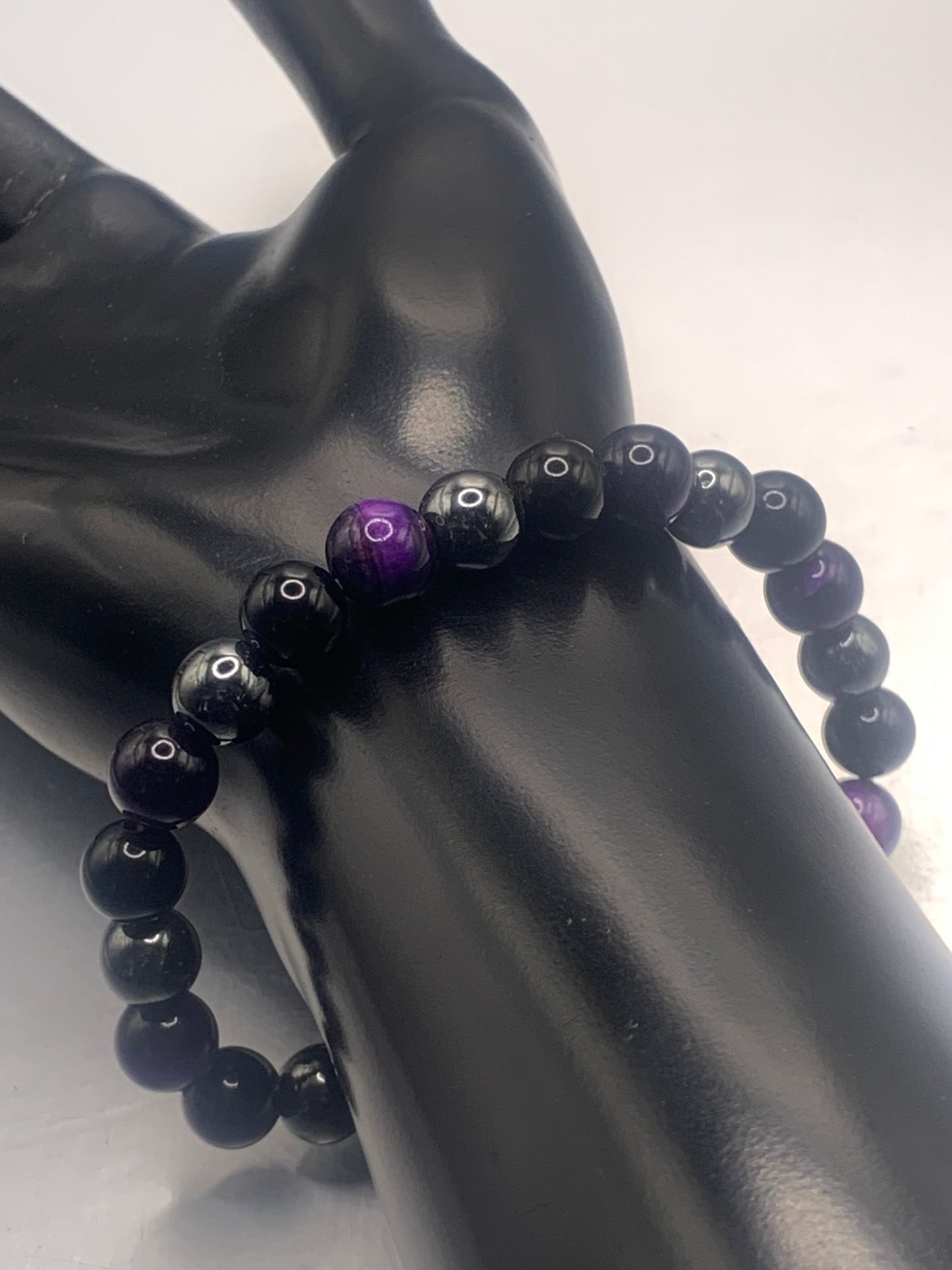 Hematite, black obsidian, and purple tigers eye semi precious stone/crystal elastic beaded bracelet