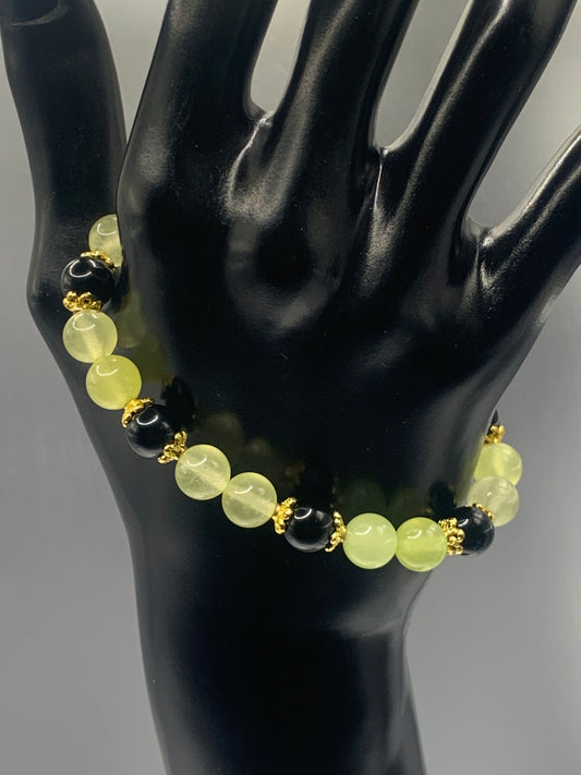 Black obsidian with apple agate semi precious stone/crystal beaded elastic bracelet with gold plated flower bead caps