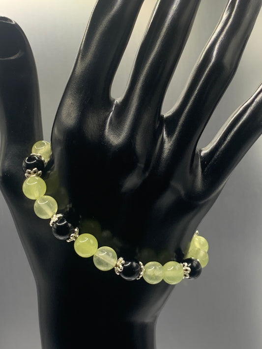 Black obsidian with apple agate semi precious stone/crystal beaded elastic bracelet with silver plated flower bead caps