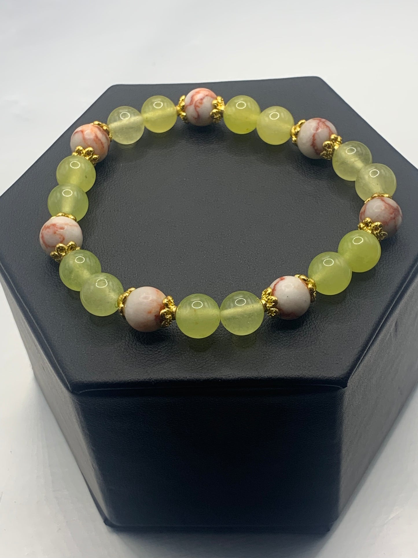 Red vein jasper and apple agate semi precious stone/crystal elastic beaded bracelet with gold plated flower bead caps