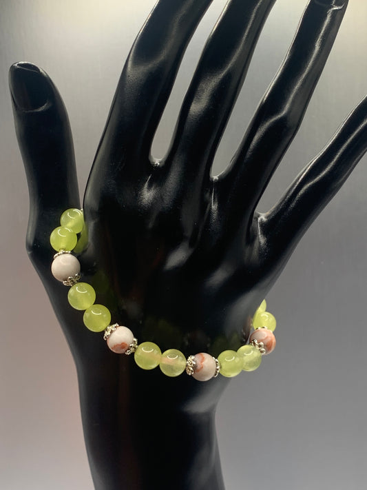 Red vein jasper and apple agate semi precious stone/crystal elastic beaded bracelet with silver plated flower bead caps