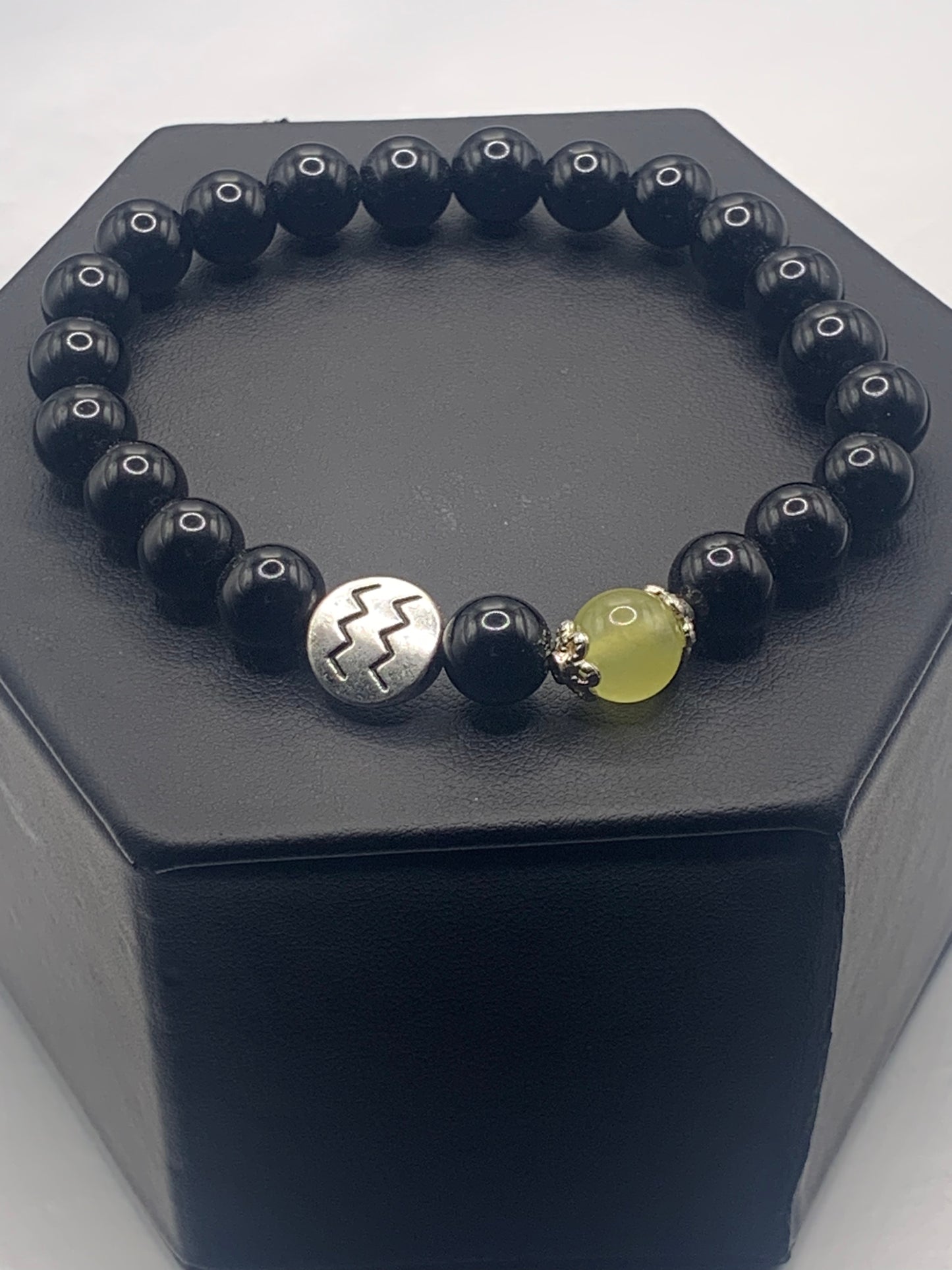 Aquarius Zodiac black obsidian with apple agate semi precious stone/crystal elastic beaded bracelet with silver accents
