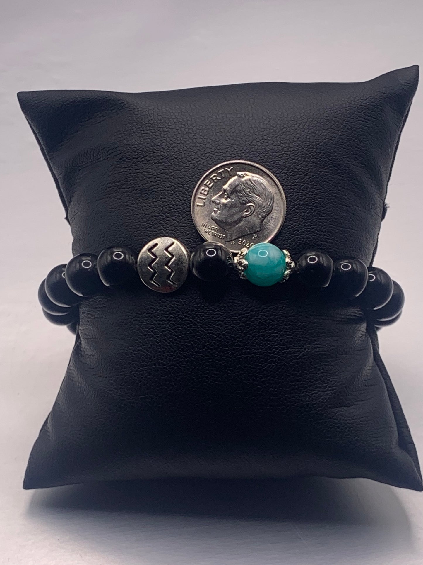 Aquarius Zodiac black obisidian with aquamarine chalcedony semi precious stone/crystal elastic beaded bracelet with silver accents