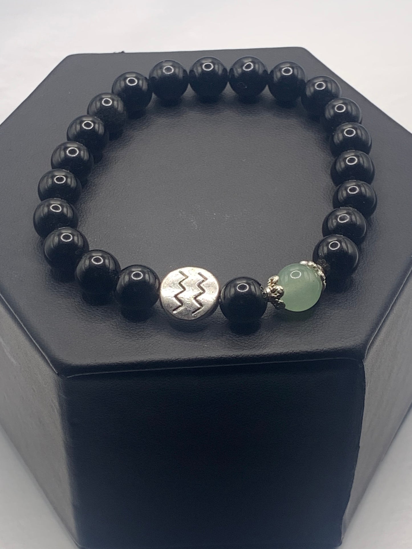 Aquarius Zodiac black obsidian with green aventurine semi precious stone/crystal elastic beaded bracelet with silver accents