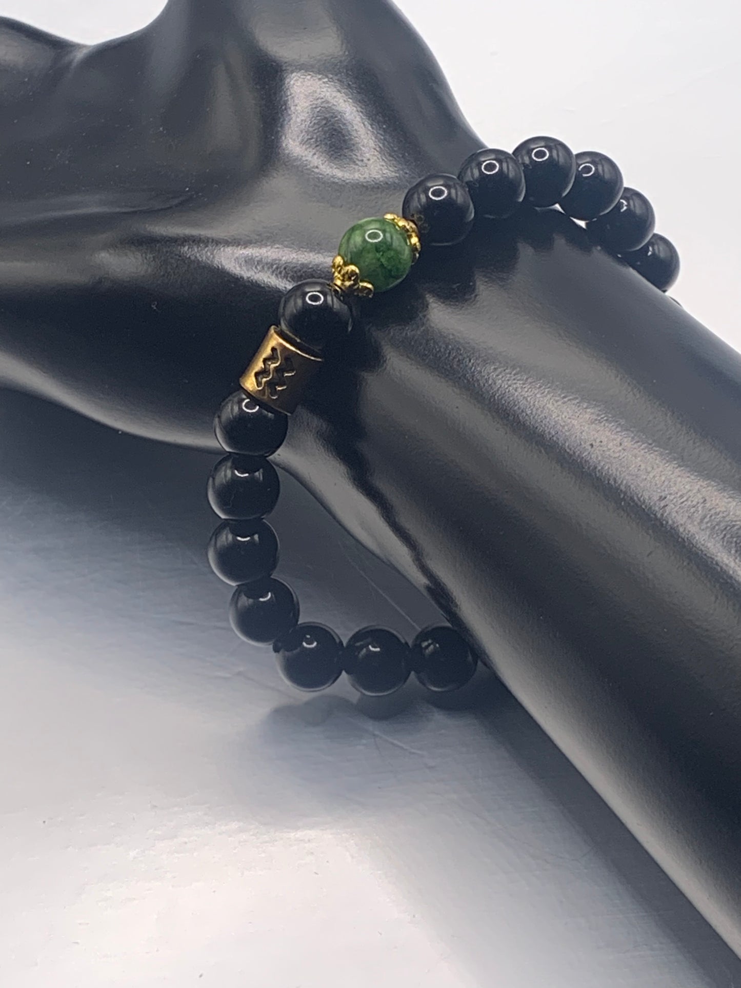 Aquarius Zodiac black obsidian with green tourmaline semi precious stone/crystal elastic beaded bracelet with gold accents