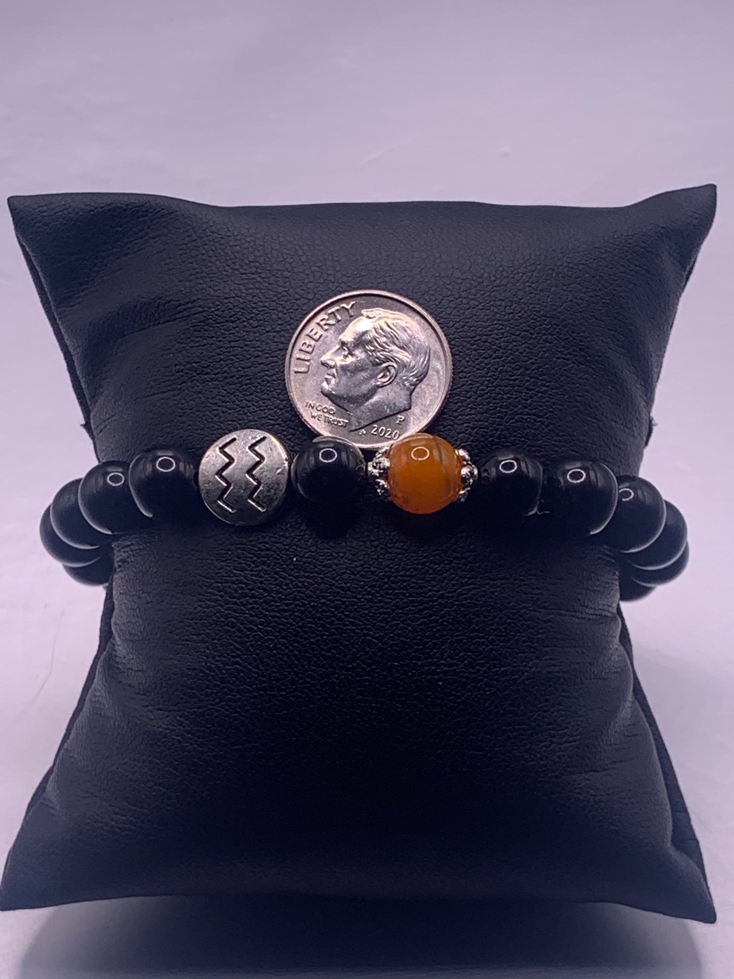 Aquarius Zodiac black obsidian with orange agate semi precious stone/crystal elastic beaded bracelet with silver accents