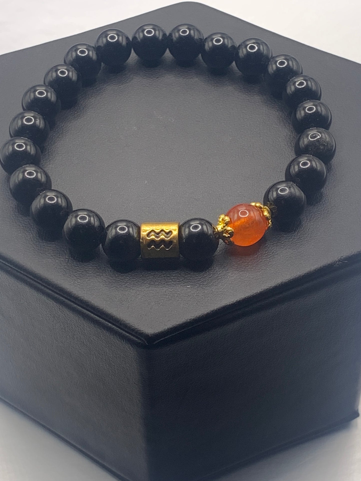 Aquarius Zodiac black obsidian with phoenix agate semi precious stone/crystal elastic beaded bracelet with gold accents