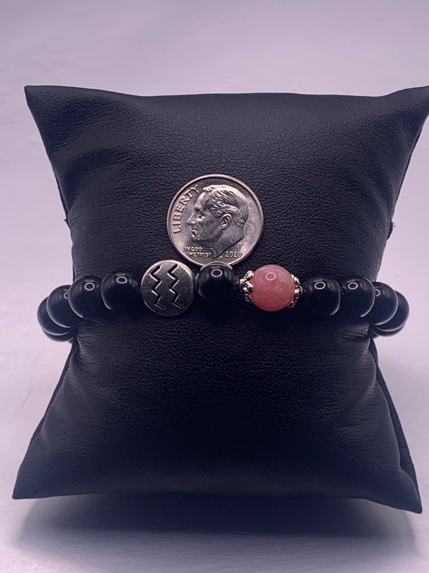 Aquarius Zodiac black obsidian with pink chalcedony semi precious stone/crystal elastic beaded bracelet with silver accents
