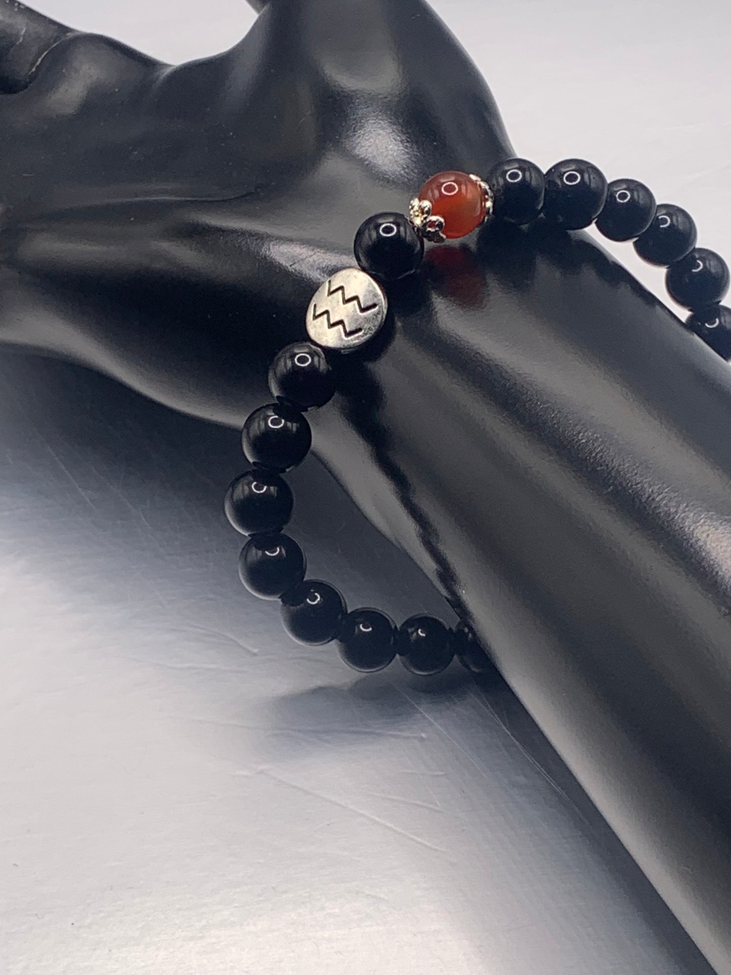 Aquarius Zodiac black obsidian with red agate semi precious stone/crystal elastic beaded bracelet with silver accents