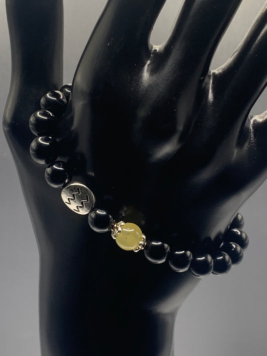Aquarius Zodiac black obsidian with yellow agate semi precious stone/crystal elastic beaded bracelet with silver accents