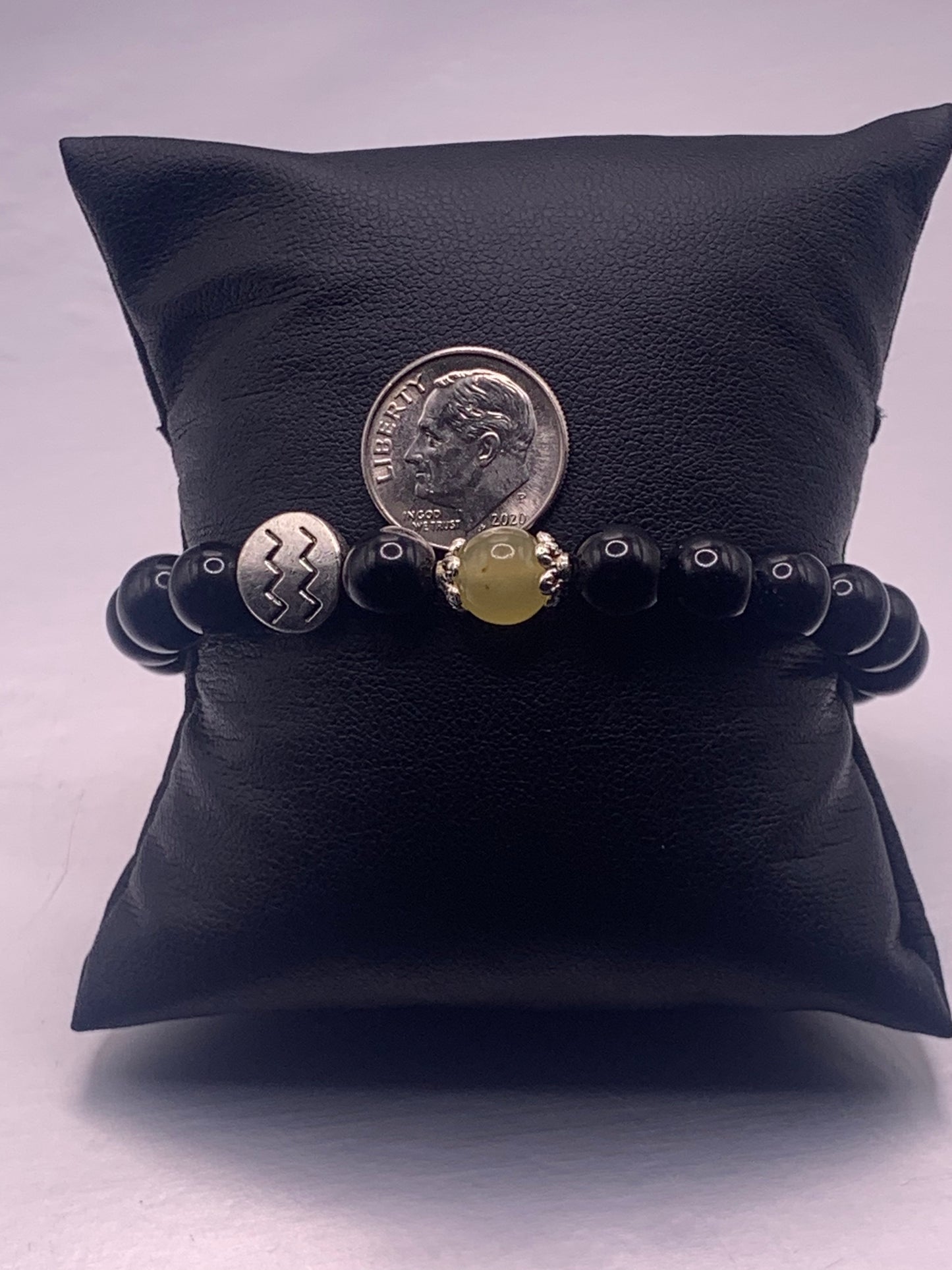 Aquarius Zodiac black obsidian with yellow agate semi precious stone/crystal elastic beaded bracelet with silver accents