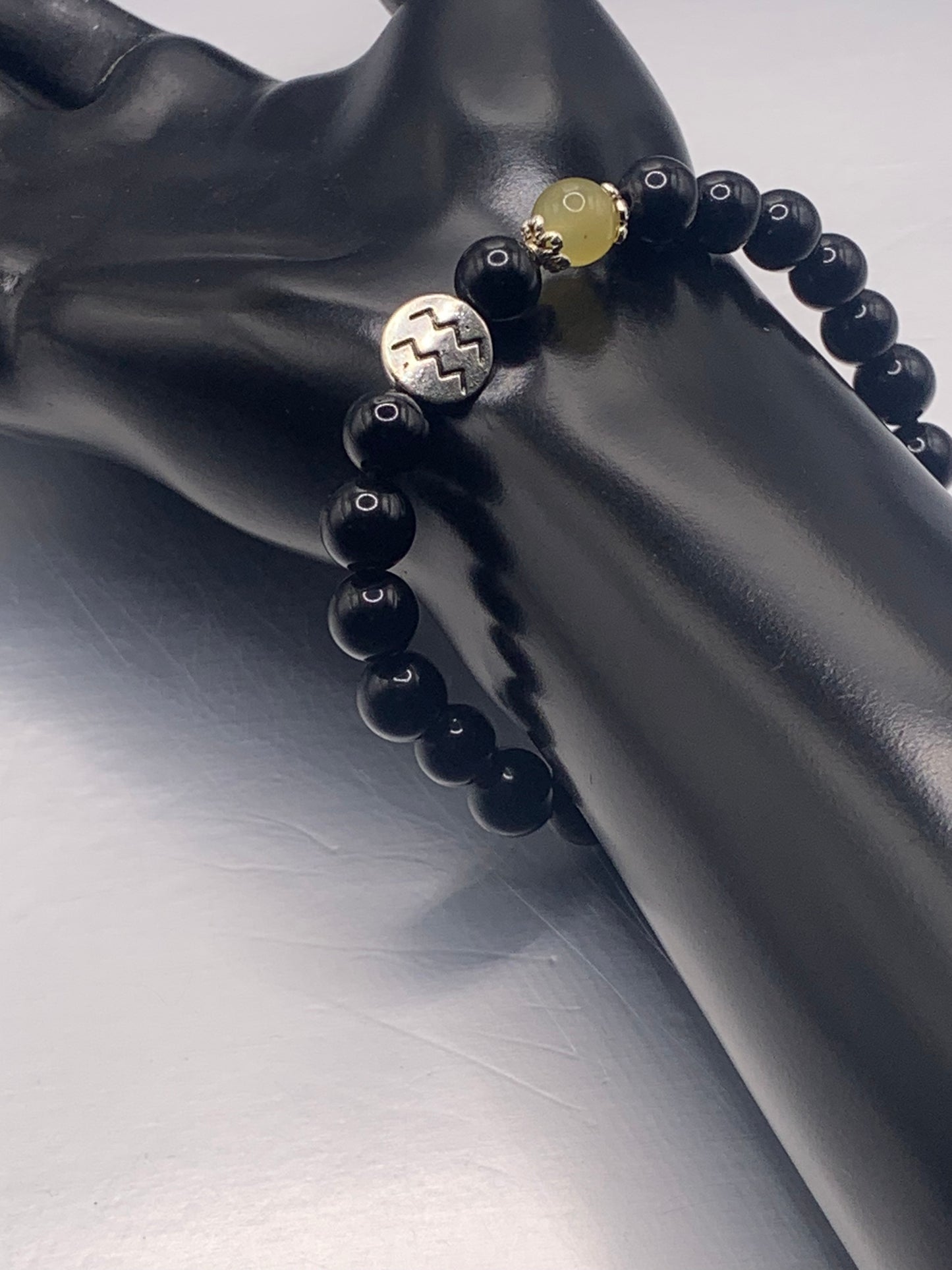 Aquarius Zodiac black obsidian with yellow agate semi precious stone/crystal elastic beaded bracelet with silver accents