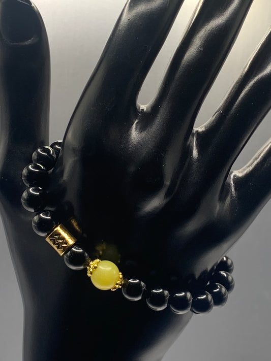 Aquarius Zodiac black obsidian with yellow jade semi precious stone/crystal elastic beaded bracelet with gold accents