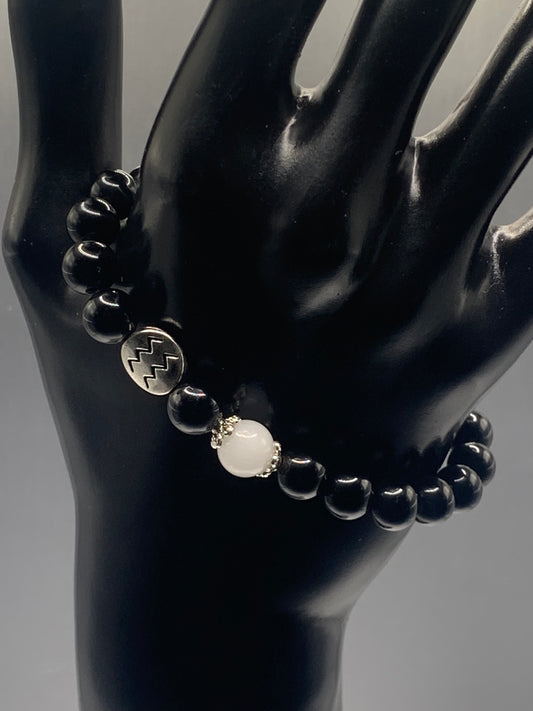 Aquarius Zodiac black obsidian with white chalcedony semi precious stone/crystal elastic beaded bracelet with silver accents