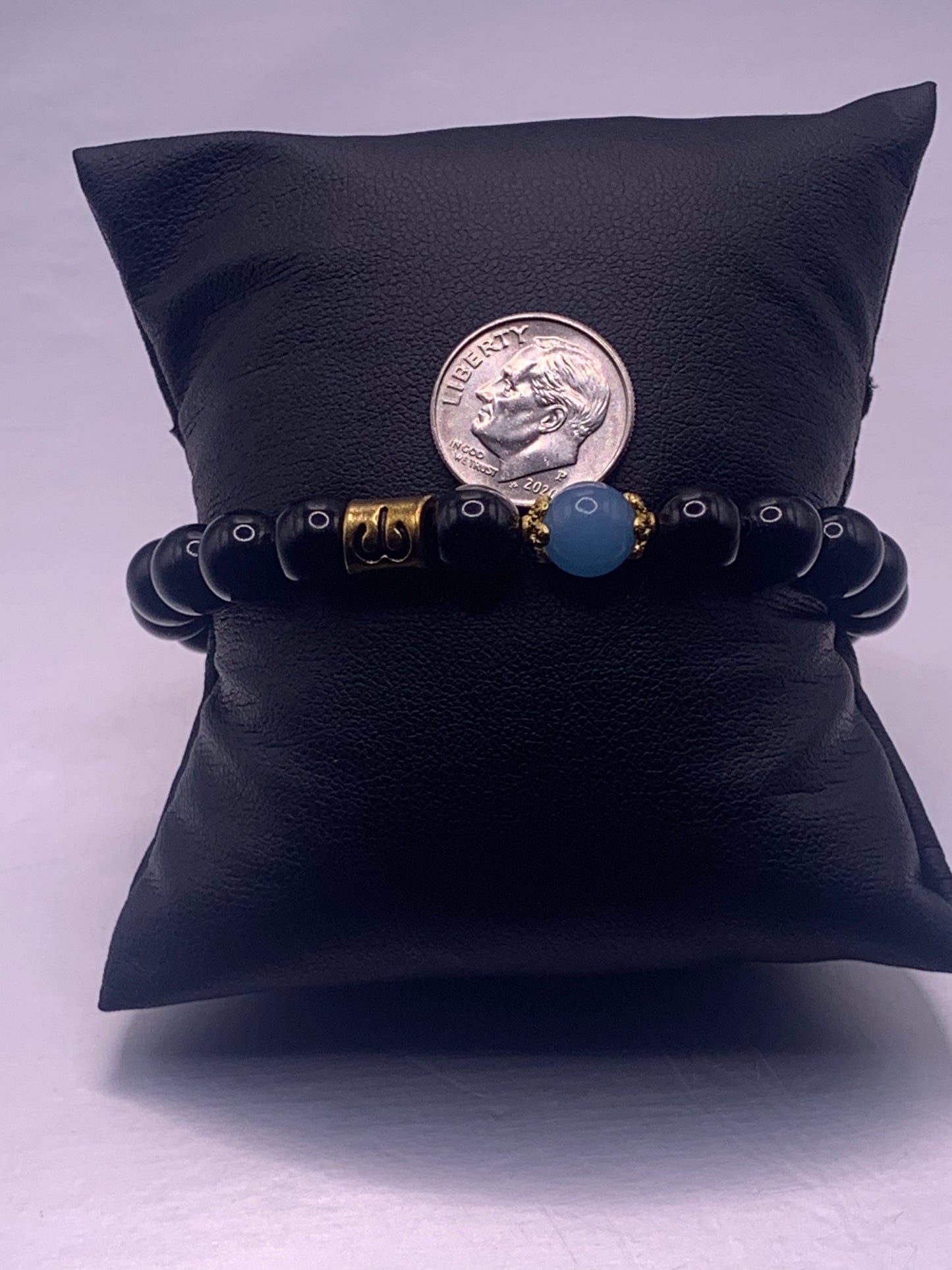 Aries Zodiac black obsidian with blue agate semi precious stone/crystal elastic beaded bracelet with gold accents