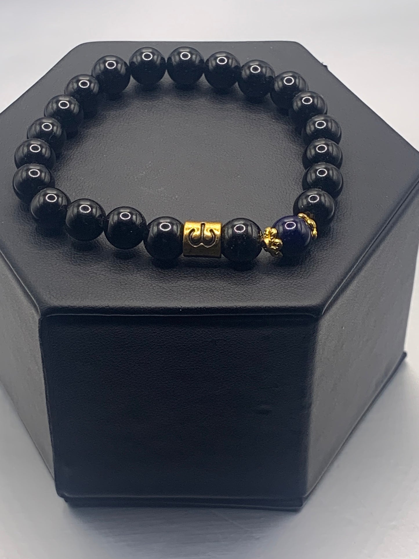 Aries Zodiac black obsidian with blue lace agate semi precious stone/crystal elastic beaded bracelet with gold accents