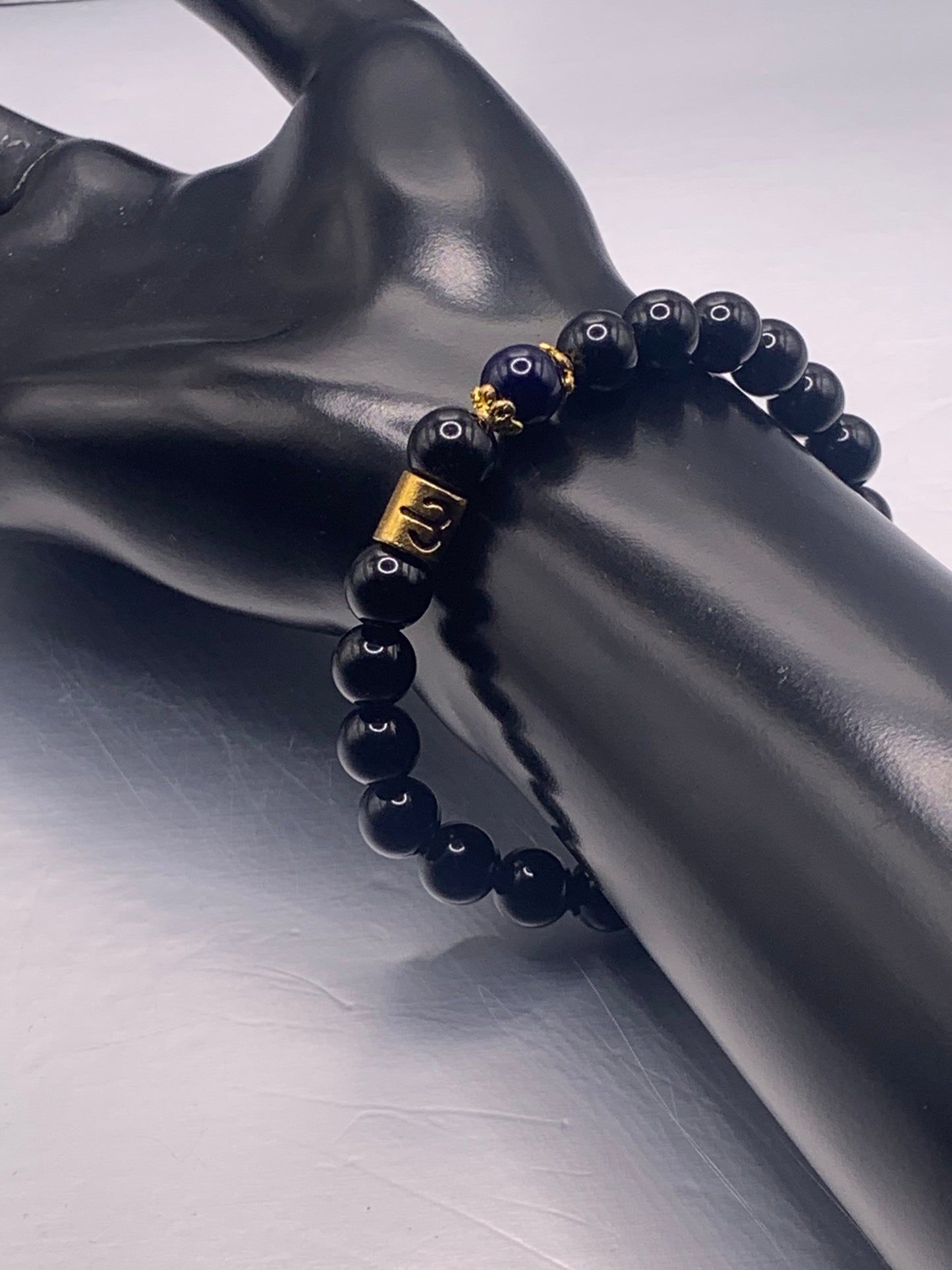 Aries Zodiac black obsidian with blue lace agate semi precious stone/crystal elastic beaded bracelet with gold accents