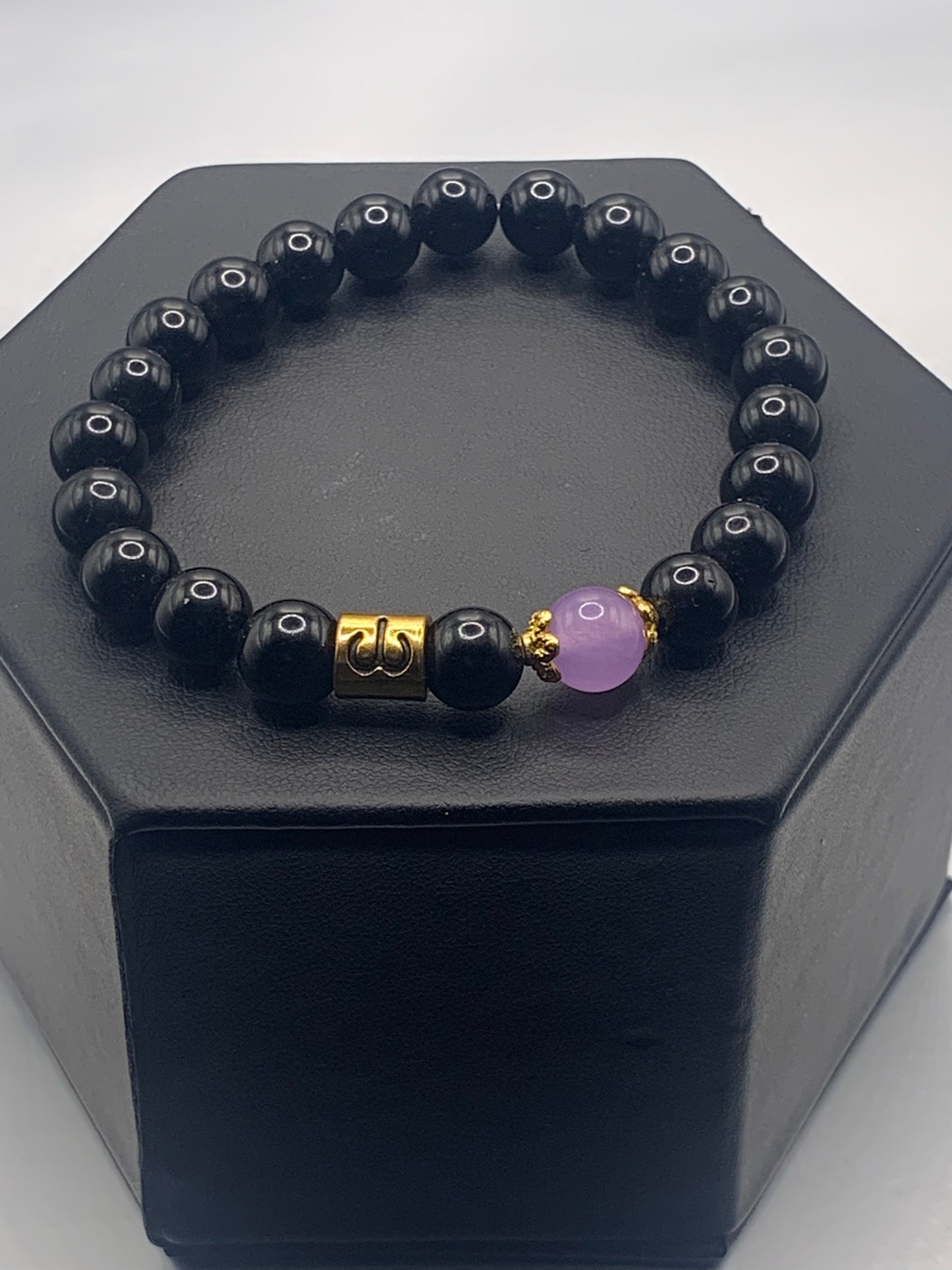 Aries Zodiac black obsidian with lavender agate semi precious stone/crystal elastic beaded bracelet with gold accents